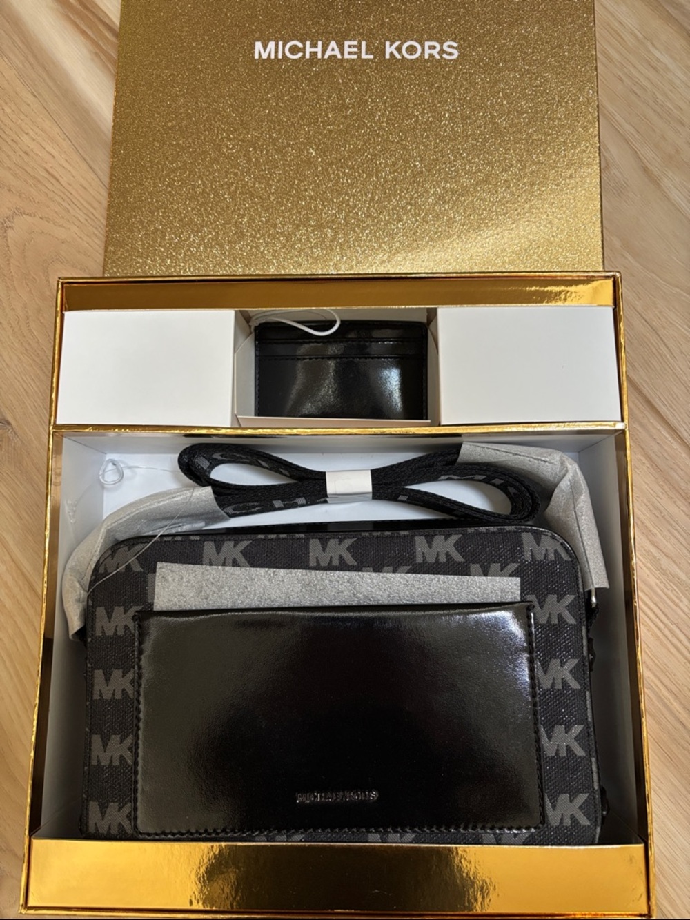 Michael Kors Black MK Monogram Crossbody with Glossy Front Pocket